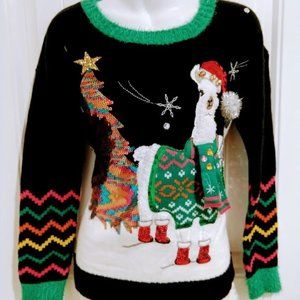 Festive Llama Ugly Christmas Holiday Sweater with Sequins & Bells!